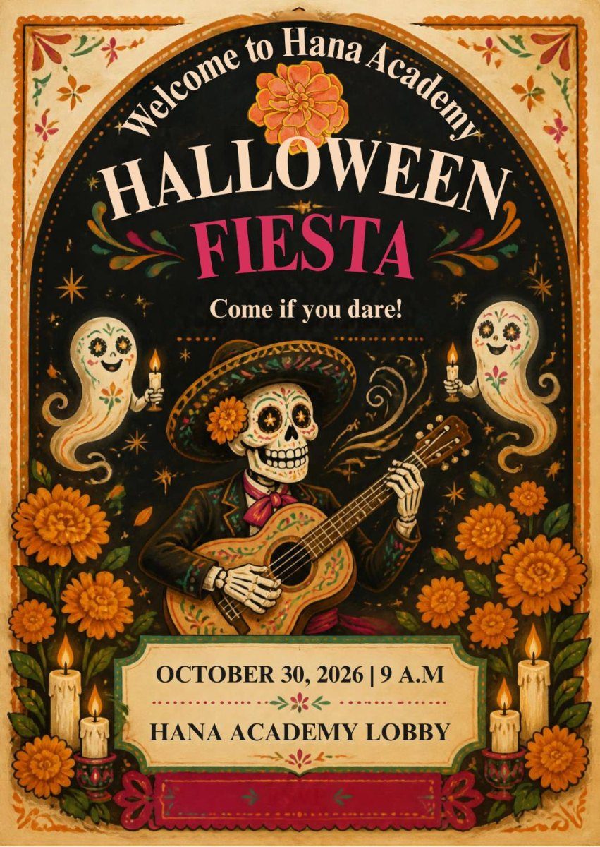 Poster pesta Halloween dengan gitaris tengkorak gula, bunga marigold, dan lilin