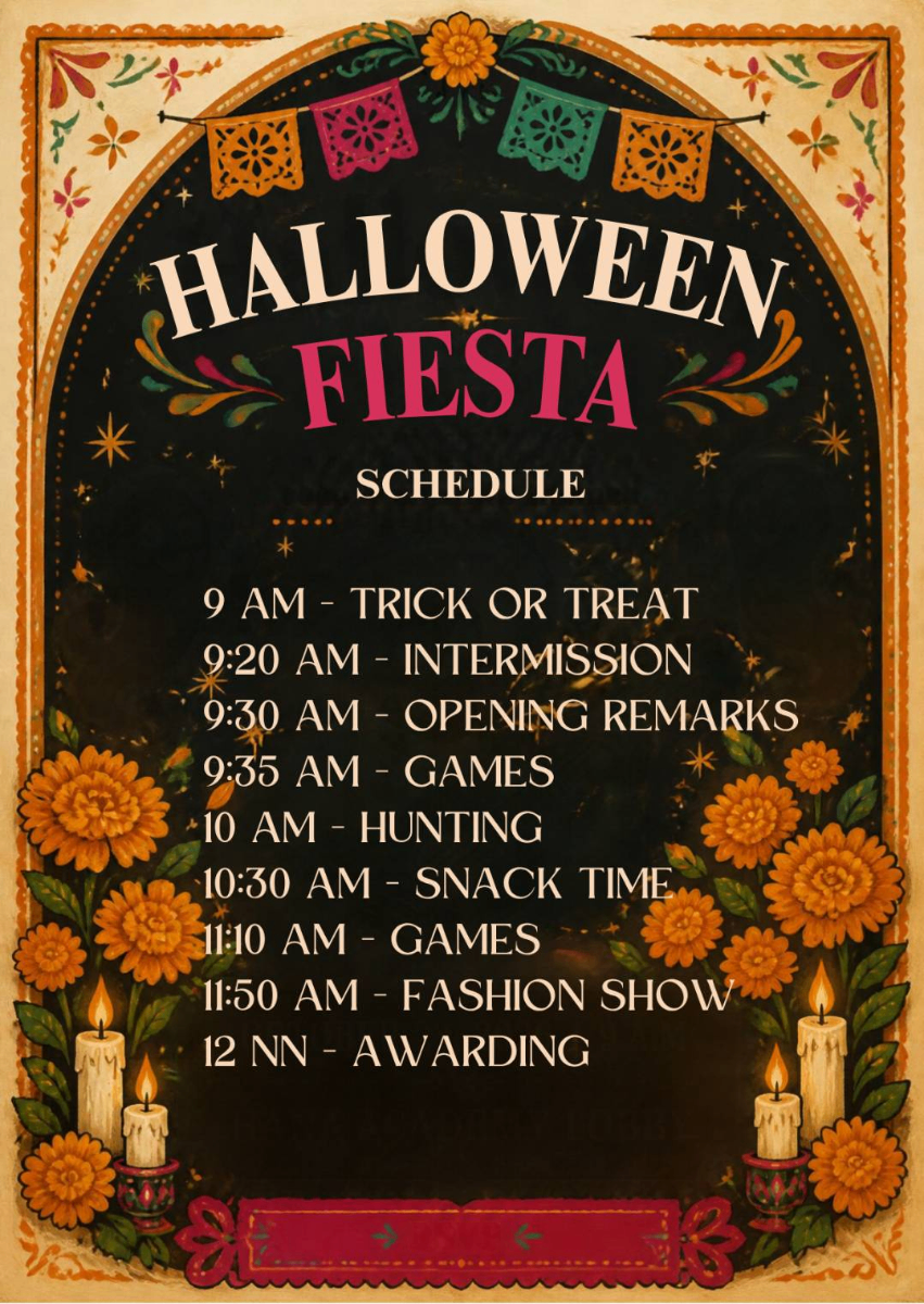 HANA Academy Halloween Fiesta schedule poster with papel picado banners, marigolds and candles, listing 9 AM trick or treat, 9:20 AM intermission, 9:30 AM opening remarks, 9:35 AM games, 10 AM hunting, 10:30 AM snack time, 11:10 AM games, 11:50 AM fashion show and 12 NN awarding