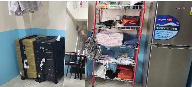 Koper, rak penyimpanan, dan kulkas di kamar asrama