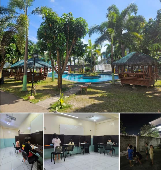 Kolam renang dan gazebo HANA Academy, ruang kelas 1:1, dan kampus di malam hari