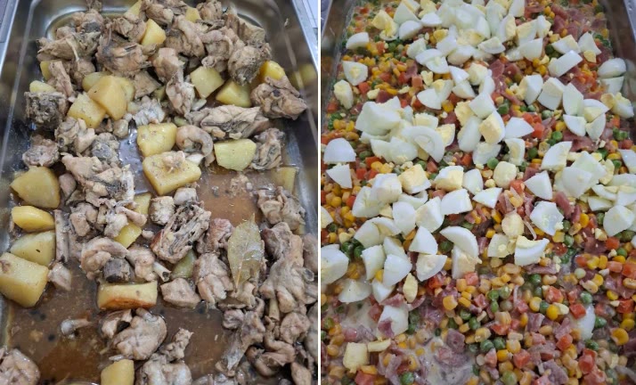 Semur ayam dengan kentang dan salad sayur bertabur telur